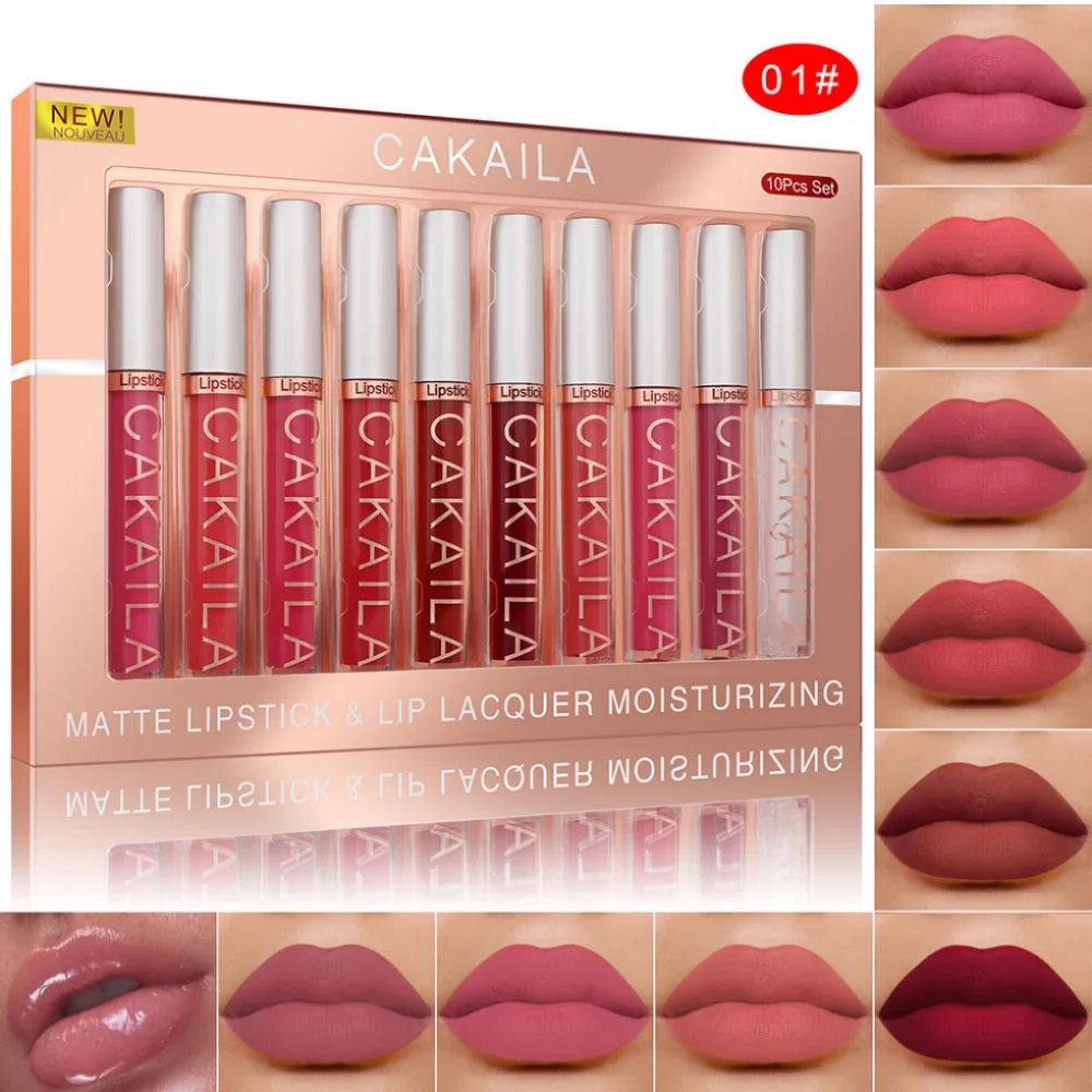 CAKAILA 10pcs Set Nude Lip Gloss Set Matte Velvet Lipsticks with Lip Oil Waterproof Liquid Lipstick Women Moisturizing Lip Tint