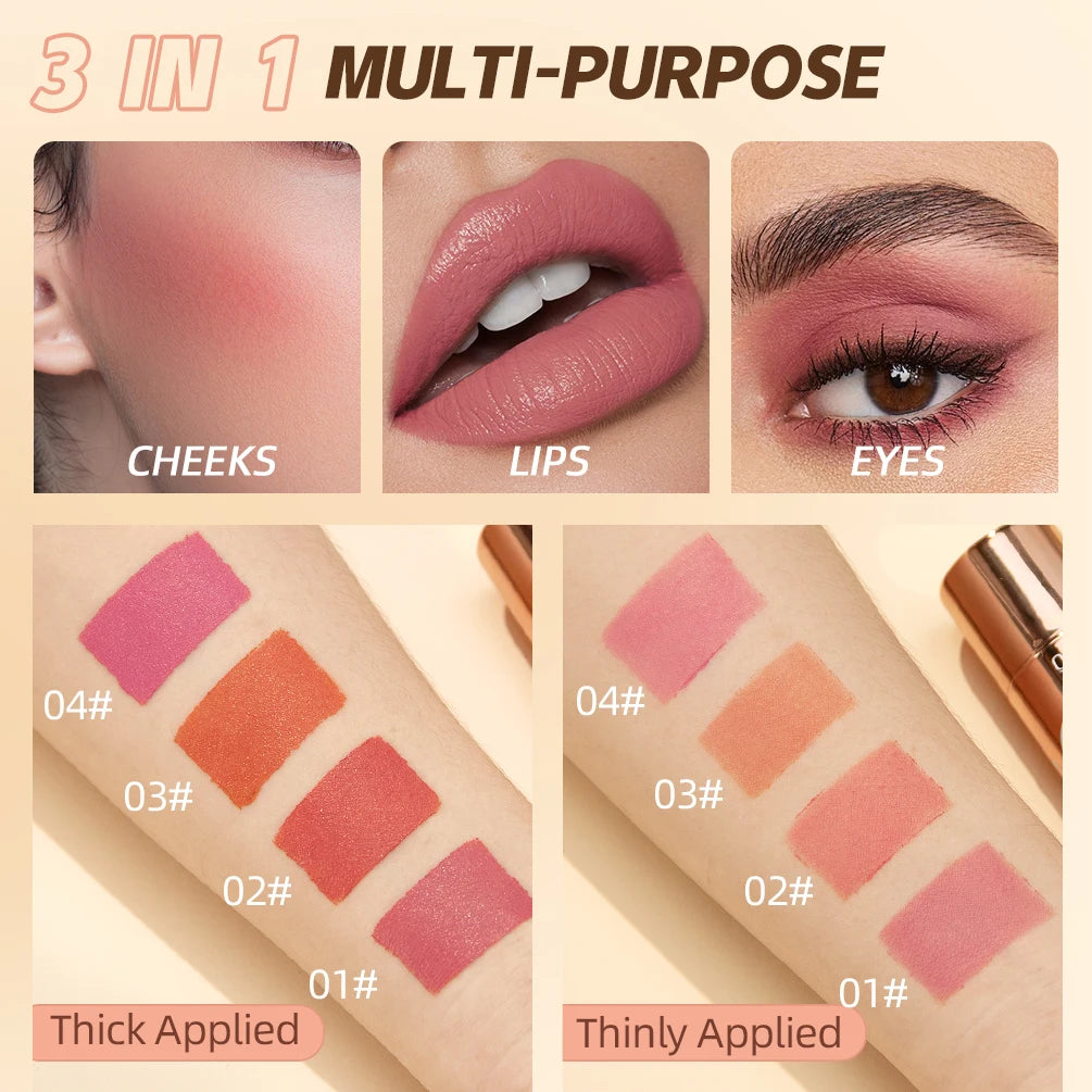 QIBEST Multifunctional Makeup Stick 3 IN 1 Lipstick Blush For Face Lightweight Lip Tint Natural Blush Cream Lasting Cosmetics