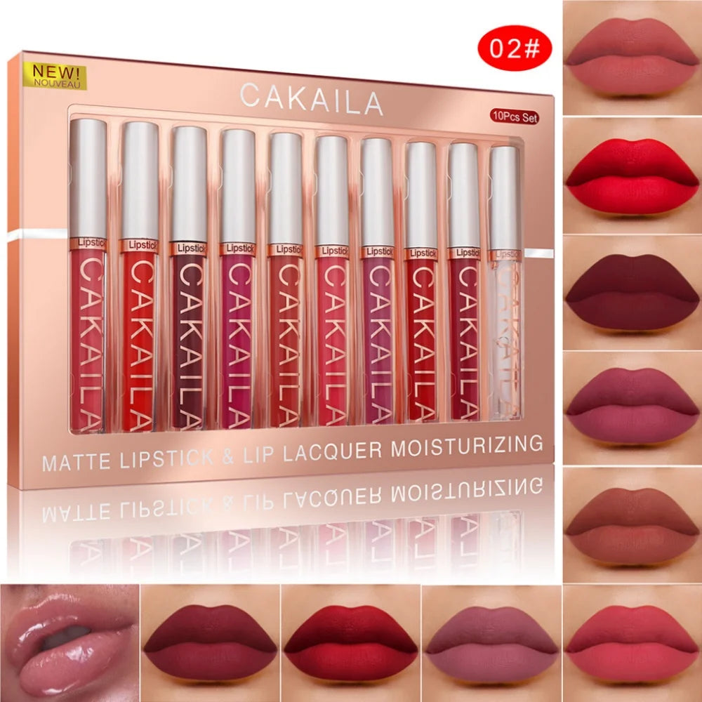 CAKAILA 10pcs Set Nude Lip Gloss Set Matte Velvet Lipsticks with Lip Oil Waterproof Liquid Lipstick Women Moisturizing Lip Tint