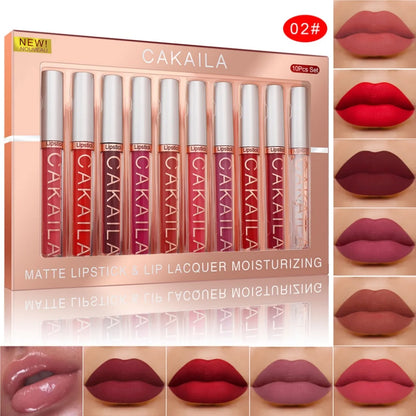 CAKAILA 10pcs Set Nude Lip Gloss Set Matte Velvet Lipsticks with Lip Oil Waterproof Liquid Lipstick Women Moisturizing Lip Tint