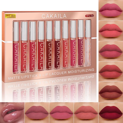 CAKAILA 10pcs Set Nude Lip Gloss Set Matte Velvet Lipsticks with Lip Oil Waterproof Liquid Lipstick Women Moisturizing Lip Tint