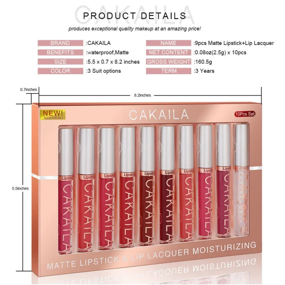 CAKAILA 10pcs Set Nude Lip Gloss Set Matte Velvet Lipsticks with Lip Oil Waterproof Liquid Lipstick Women Moisturizing Lip Tint