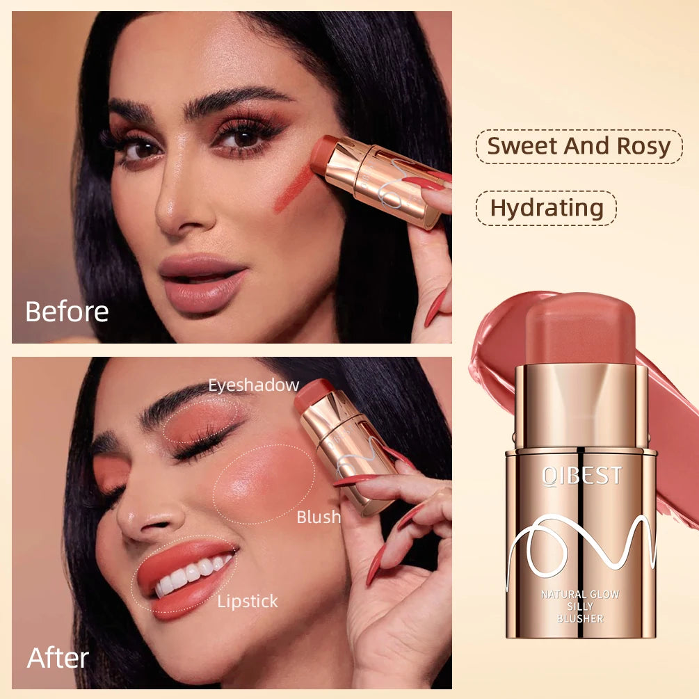 QIBEST Multifunctional Makeup Stick 3 IN 1 Lipstick Blush For Face Lightweight Lip Tint Natural Blush Cream Lasting Cosmetics